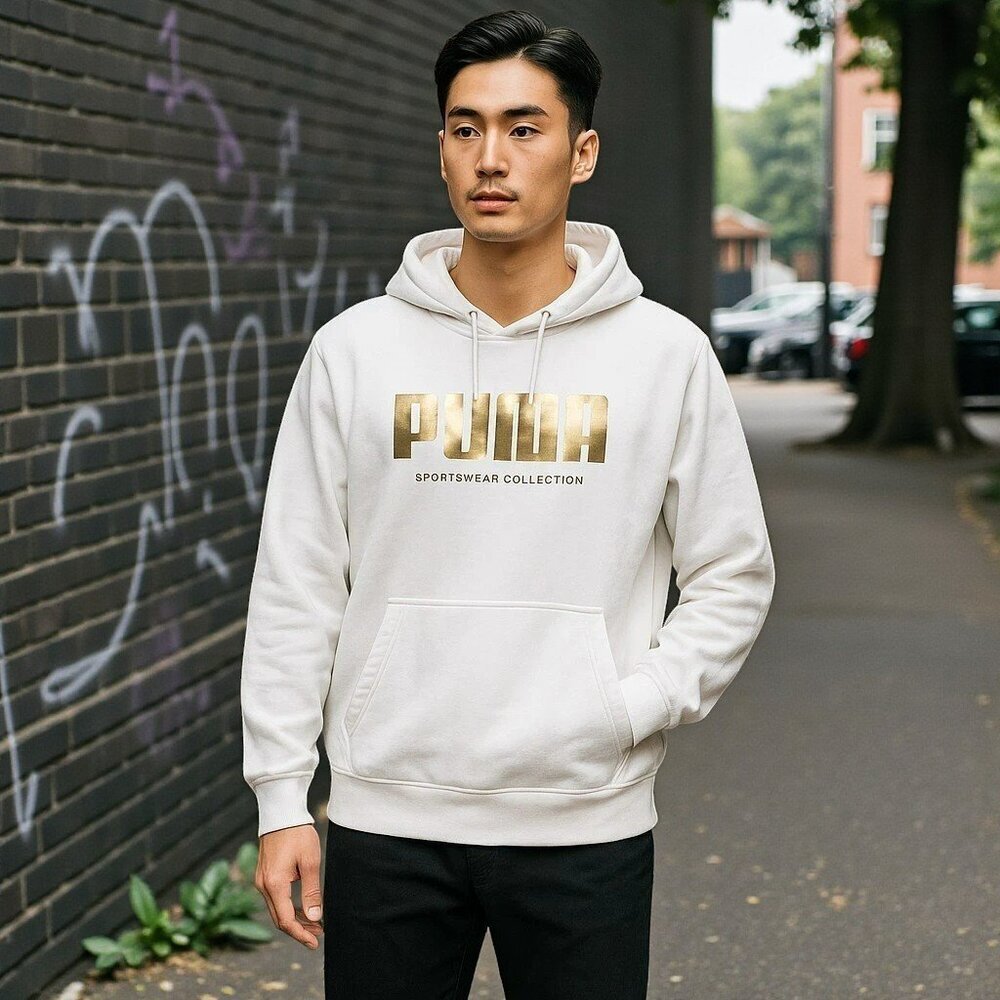PUMA Mens Large White Gold Logo Pullover Hooded Jacket Hoodie Sweatshirt